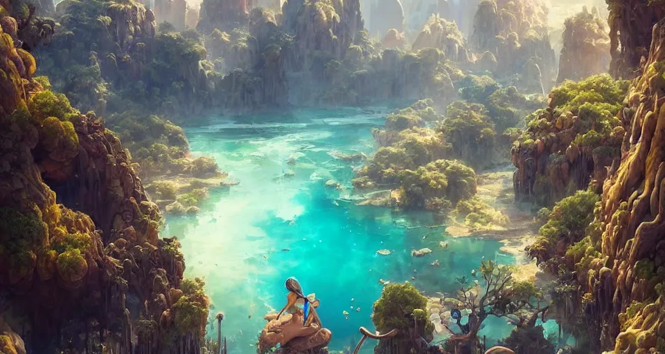 Image similar to a beautiful desert oasis!!!! with crystal clear water with a planet - sized humanoid monster!!!! looking down from the sky, by wlop and peter mohrbacher, extremely detailed shading, concept art, digital painting, trending on artstation, unreal engine 5, octane render, atmosphere, glow, cinematic lighting, full of color