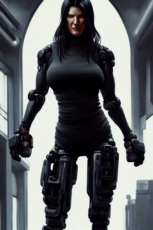 Image similar to gina carano with robotic left arm, casual black clothing, muscular, realistic proportions, casual pose, large portrait, cyberpunk, shadowrun, rpg character, digital painting, artstation, concept art, smooth, 8 k frostbite 3 engine, ultra detailed, art by artgerm and greg rutkowski and magali villeneuve