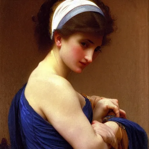 Prompt: woman with an orange and blue maximalist garment, by bouguereau