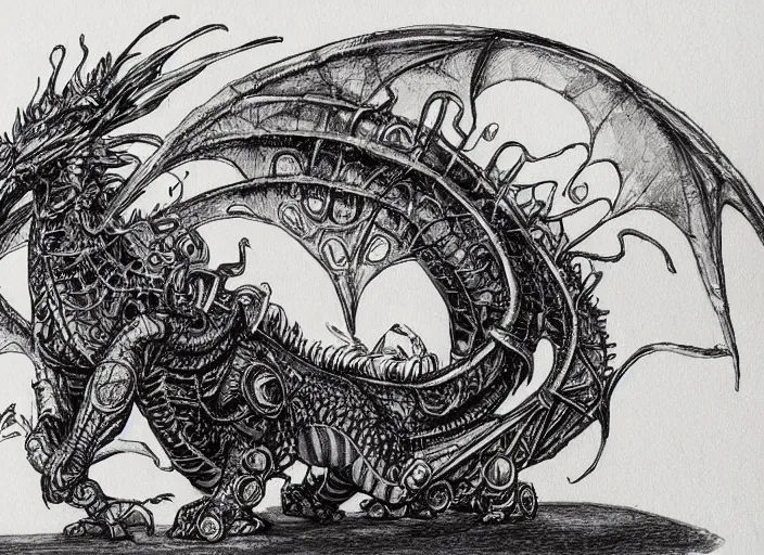 Prompt: pen and ink sketch, steam punk dragon, very fine detail, concept art, high detail, fine pen