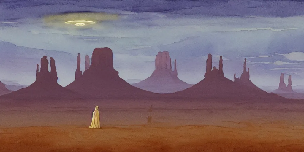 Image similar to a hyperrealist watercolor concept art of a giant ufo from independce day on the horizon of monument valley. a medieval monk in grey robes is in the foreground. golden hour. very muted colors, by rebecca guay, michael kaluta, charles vess. high detail, hq, wide shot, 4 k