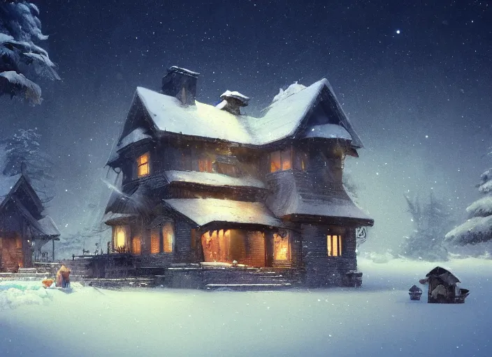 Image similar to snow - covered house, smoke from the stove, night, stars in the sky, winter landscape, painting by craig mullins, octane rendering, wide angle lens, in the style of hayao miyazaki, trending on artstation,