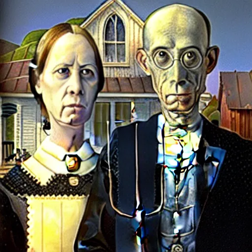 Image similar to of two scary cyborgs as the couple in the painting american gothic 4 k photorealism hd