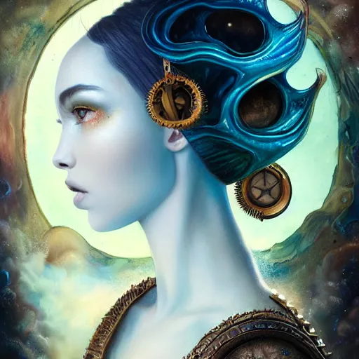 Image similar to tom bagshaw, ocean depths cosmic waves curiosities in steampunk lovecraftian world, beautiful asian mix of dove cameron madison beer bella poarch in a full dress, pure makeup, professionally retouched, focus eyes, ultra realistic soft painting, insanely detailed linework, symmetrical accurate intricate features, behance, 8 k
