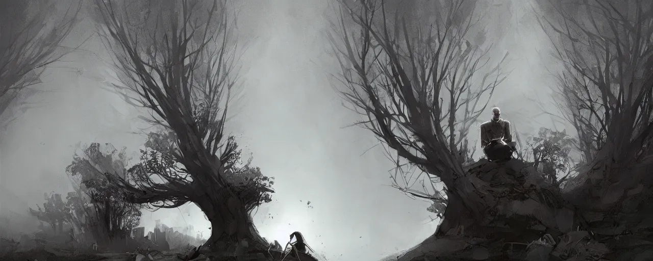 Image similar to duotone noir illustration of bald merchant demon sitting below willow tree in medieval brown tunic. hundreds of people silhouettes floating in air the foggy background. dark dream atmosphere, by sachin teng and sergey kolesov and ruan jia and heng z. graffiti art, scifi, fantasy, hyper detailed. octane render. concept art. trending on artstation