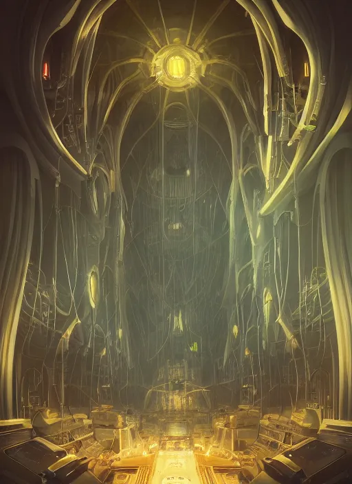 Image similar to Detailed Interior of a technological future cathedral spacecraft interior with cables and greebles, light of god, light shafts, candles, stunning atmosphere, in Style of Peter Mohrbacher, cinematic lighting