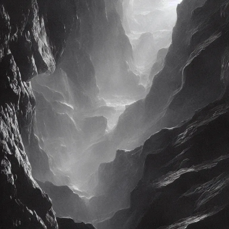 Prompt: Deep canyon void underwater Depth in the style of Ansel Adams, Thomas Cole and Gustave dore