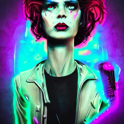 Image similar to punk women portrait made out of paint, short hair, octane render, highly detailed, realistic, tim burton and bob ross comic book art, matte painting, holographic, trending on artstation, cinematic, splashes of neon, sacred geometry in the background, 2 d