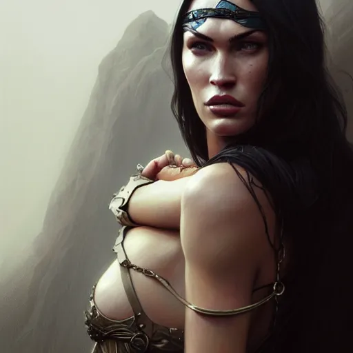 Image similar to portrait of megan fox, muscular upper body, slave collar, blindfolded, dress, fantasy, intricate, elegant, highly detailed, digital painting, artstation, concept art, matte, sharp focus, illustration, art by aenaluck and roberto ferri and greg rutkowski, epic fantasy, digital painting