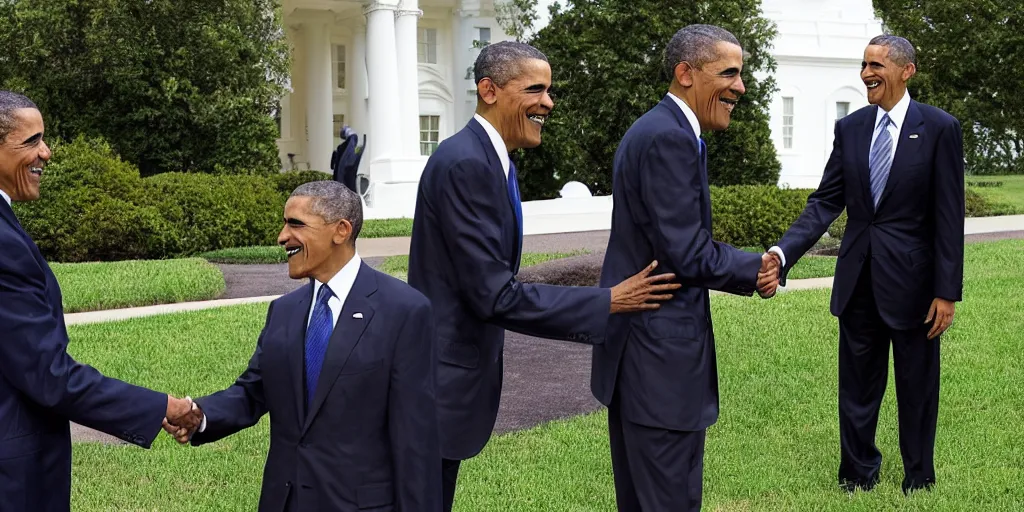 Prompt: An artists impression of a handshake between barrack obama and shrek outside the white house