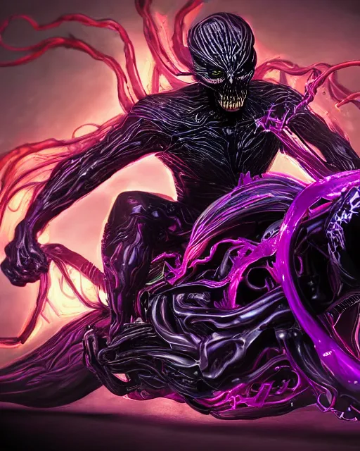 Image similar to ghost rider symbiote, purple and red variant, dynamic lighting, fantasy concept art, trending on art station, stunning visuals, creative, cinematic, ultra detailed, comic strip style