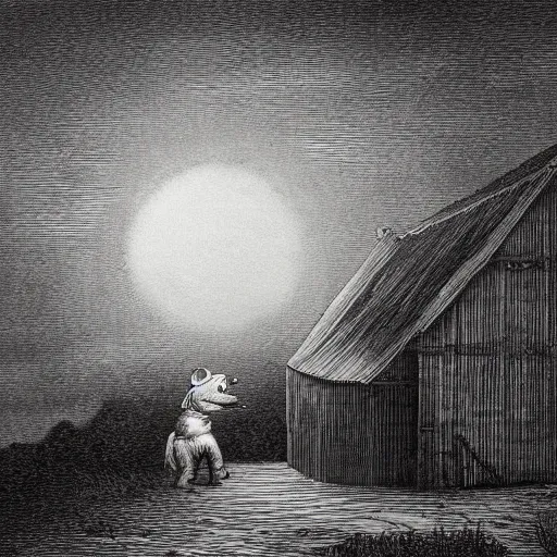 Prompt: pig in a tuxedo coming out of a barn, dark, moon, dark clouds, high detail, dramatic light, drawing gustave dore