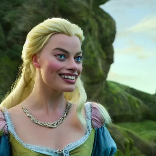 Image similar to Margot Robbie as Rapunzel in disney tangled live action, 8k full HD photo, cinematic lighting, anatomically correct, oscar award winning, action filled, correct eye placement,