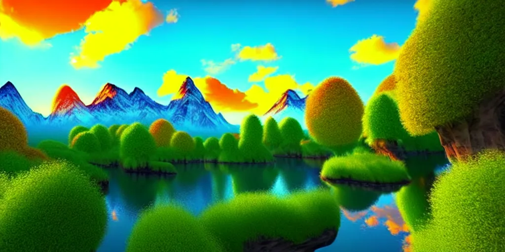 Prompt: a beautiful 3 d fantasy landscape art, orange clouds in the blue sky and green trees, snowy mountains, 3 d art in bob ross style, unreal engine 5, hyper realism