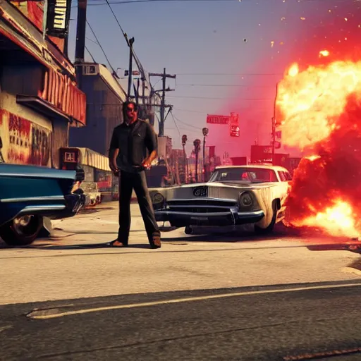 Image similar to extremely cool looking quentin tarantino in the game'gta v ', in the background an exploding car. unreal engine 4 render 4 k