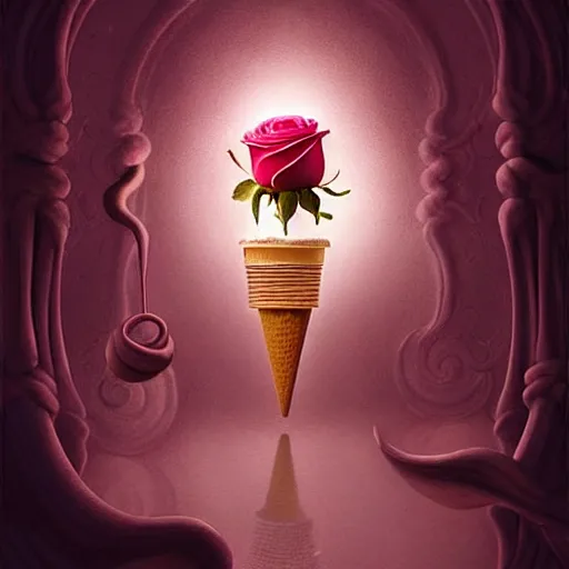 Image similar to epic professional digital art of icecream, rose atmospheric lighting, painted, intricate, detailed, cheerful, fun, exciting, by leesha hannigan, wayne haag, reyna rochin, ignacio fernandez rios, mark ryden, iris van herpen,, epic, stunning, gorgeous, much wow, cinematic, masterpiece.