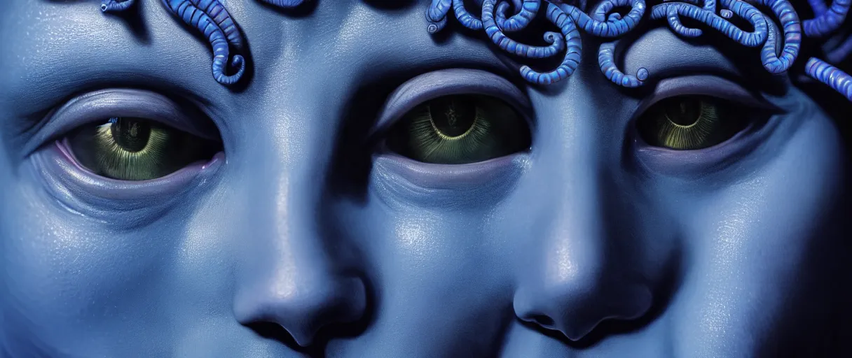 Image similar to hyperrealistic highly detailed close-up portrait of a Rubensian blue gothic medusa with round cat eyes sharp concept art wayne barlowe cinematic lighting 8k low angle shallow depth of field