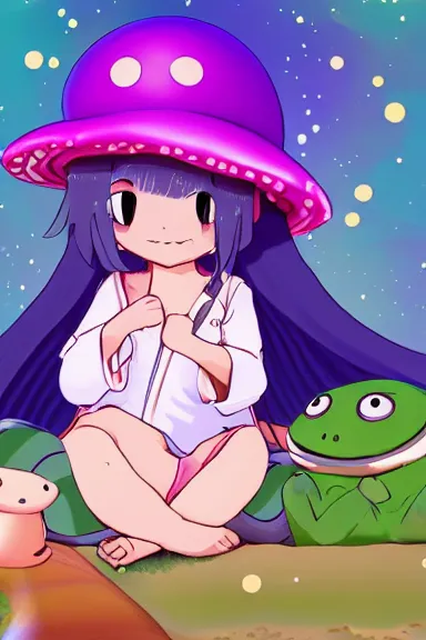 Image similar to a beautiful little girl wearing a mushroom hat sitting on her bed petting a frog in her lap | | purple hair, pretty face, sharped details, in yokai watch art style, trending on pixiv, anatomically correct