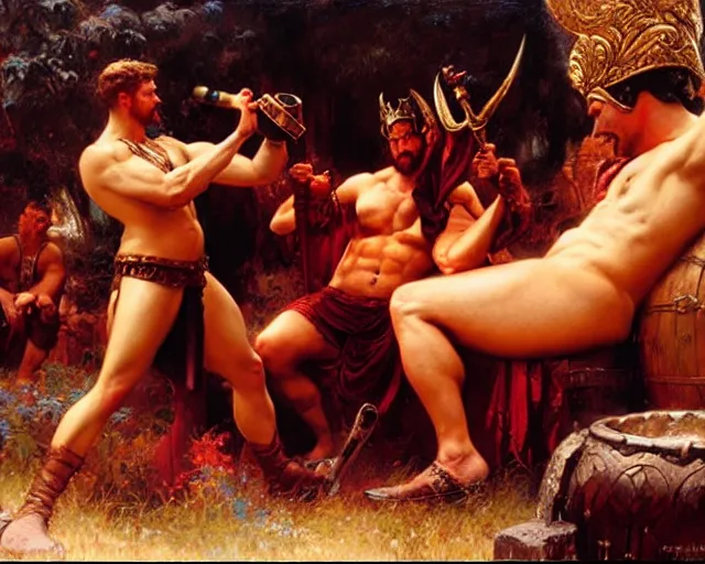 Image similar to ares drinks wine with hercules, painting by gaston bussiere, craig mullins, j. c. leyendecker, tom of finland