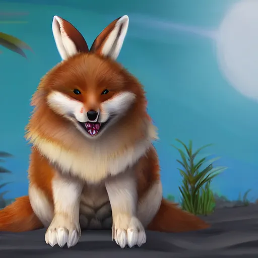 Image similar to a photorealistic adorable chubby charming but vicious fennic fox wolf rabbit hybrid, with long floppy rabbit ears, wearing bows on the top of its head, grinning at the camera with a mischievous look, sharp teeth, happy lighting, at a tropical beach