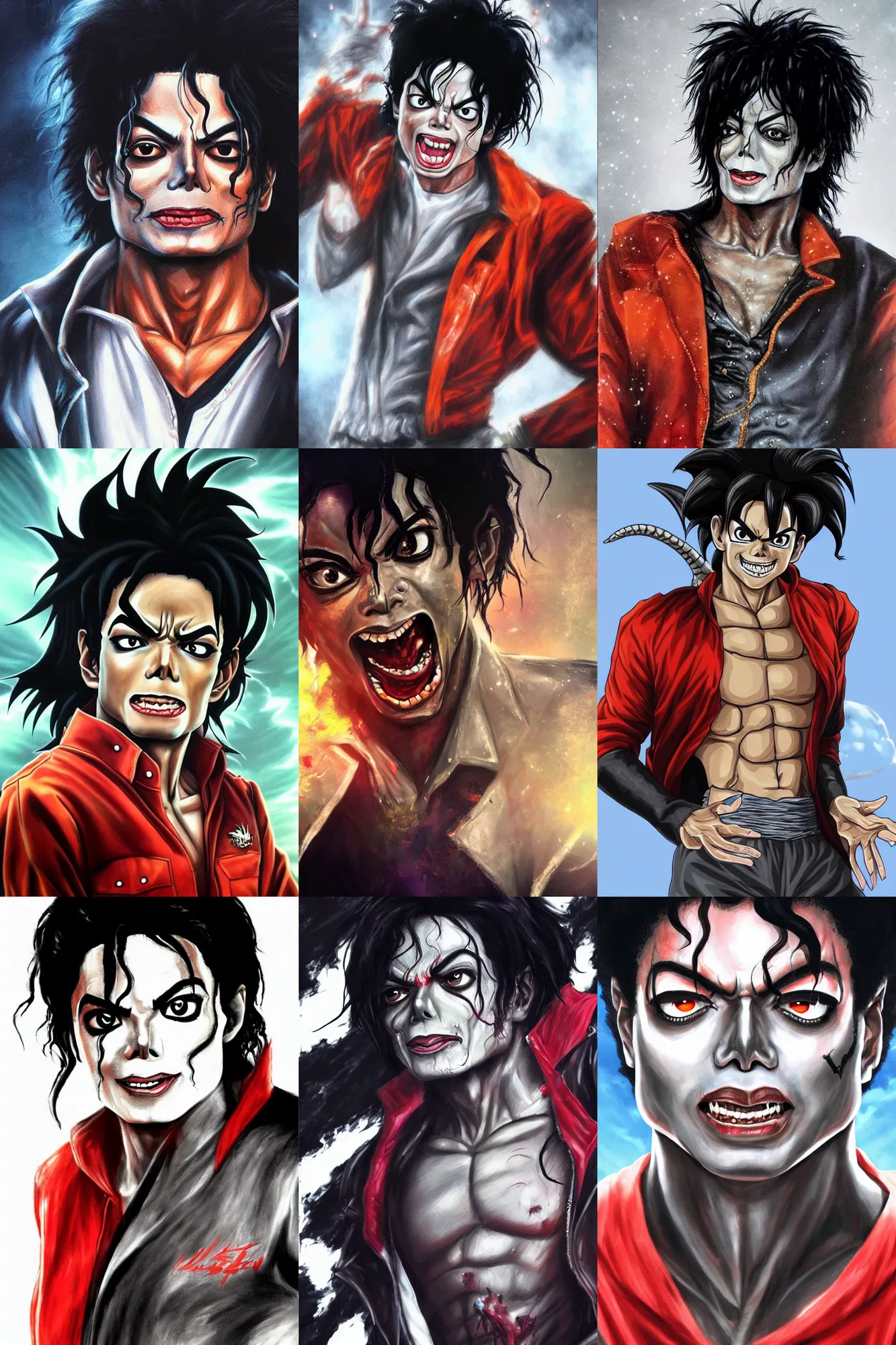 Prompt: michael jackson!!!! realistic dramatic !big face close up concept art of michael jackson thriller zombie as a dragon ball Z character, beautiful landscape bokeh , 4k anime character illustration by akira toriyama, artstation