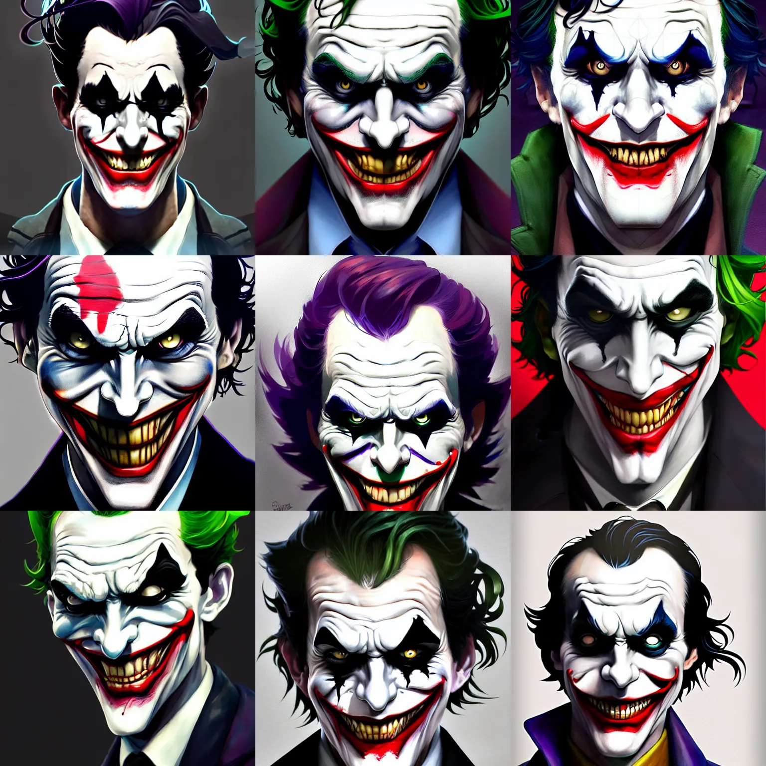 Prompt: character concept art of a joker | | distinct - fine, key visual, realistic shaded perfect face, fine details by stanley artgerm lau, wlop, rossdraws, james jean, andrei riabovitchev, marc simonetti, sakimichan, and jakub rebelka, trending on artstation