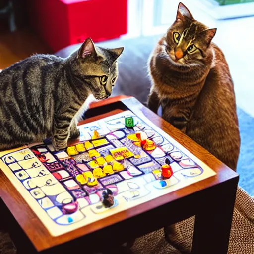 Image similar to Cats sitting at a table playing board games, detailed,