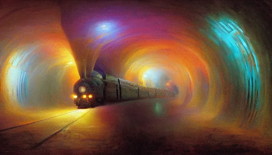 Image similar to a train driving through a psychedelic tunnel, by ivan aivazovski,