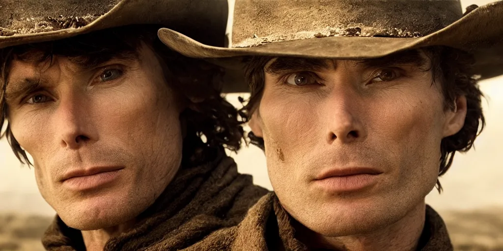 Image similar to portrait of rugged bandit cillian murphy [ alone ] in the old west, strangling a cowboy, volumetric lighting, cinematic, dark, grim. directed by coen brothers.