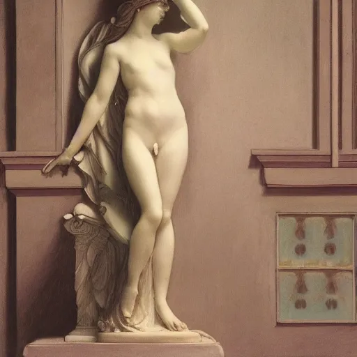 Image similar to a goddess in a liminal room, film still by canova, limited color palette, very intricate, art nouveau, highly detailed, lights by hopper, soft pastel colors, minimalist