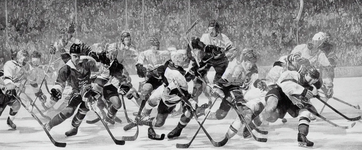 Image similar to detailed sharp photograph in the style of popular science circa 1 9 5 5 of a hockey game