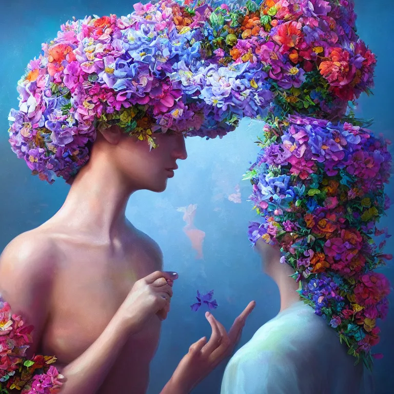 Image similar to a beautiful oil painting hyperrealism of a beautiful young woman, flowers, floral headdress, 8 k resolution, octane render, trending on artstation, by gediminas pranckevicius, volumetric light 2 blue fractal thunder glow by dan mumford, anaglyph effect, laurie lipton