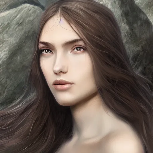 Image similar to centered front face portrait of an attractive young female earth angel, beautiful long brown hair, rocks and stones, intricate, highly detailed, elegant, digital painting, trending on artstation