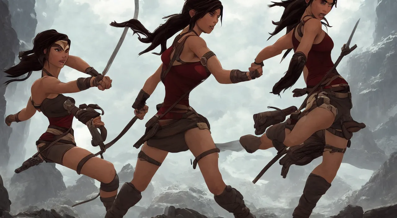 Prompt: A beautiful ultradetailed cartoon of Lara Croft holding hands with Wonder Woman, 4k, Raphael Lacoste, by Rossdraws and Bluesssatan and Mandy Jurgens and Stjepan Sejic, Legend of Korra, Tomb Raider, fanart, trending on artstation, highly detailed, soft lighting 8k resolution, dramatic lighting, unreal engine 5