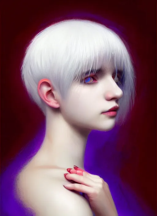 Image similar to hair whitebangs hair, black hair, whitebangs, portrait of teenage girl with white bangs, red irises, purple clothes, white bangs, bangs are different color from hair, intricate, elegant, glowing lights, highly detailed, digital painting, artstation, concept art, smooth, sharp focus, illustration, art by wlop, mars ravelo and greg rutkowski