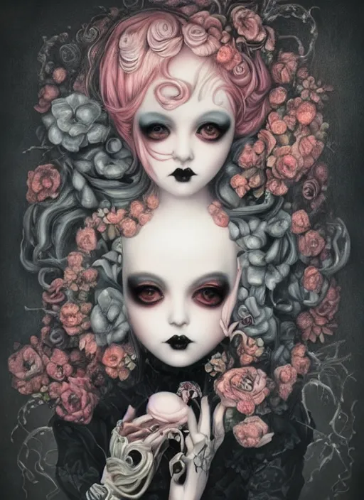 Image similar to pop surrealism, lowbrow art, realistic cute gothic black dress fashion painting, japanese street fashion, hyper realism, muted colours, rococo, natalie shau, loreta lux, tom bagshaw, mark ryden, trevor brown style,