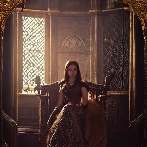 Image similar to the elder scrolls vi, charismatic regal brunette female jarl, portrait, throne room, atmospheric lighting, painted, intricate, volumetric lighting, beautiful, daytime, sunny weather, slight overcast, sharp focus, deep colours, ultra detailed, by leesha hannigan, ross tran, thierry doizon, kai carpenter, ignacio fernandez rios