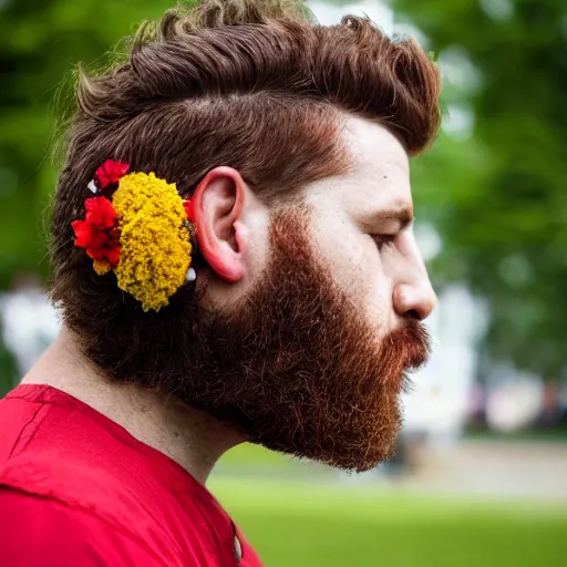 Image similar to “a man's face in profile, short beard, curly red hair, made of flowers, in the style of the Dutch masters, dark and moody XF IQ4, f/1.4, ISO 200, 1/160s, 8K, RAW, unedited, symmetrical balance, in-frame”