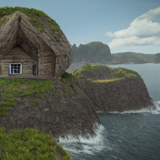 Prompt: house on the island rock, unreal engine, high detail, realism, award winning, detailed lighting, view above