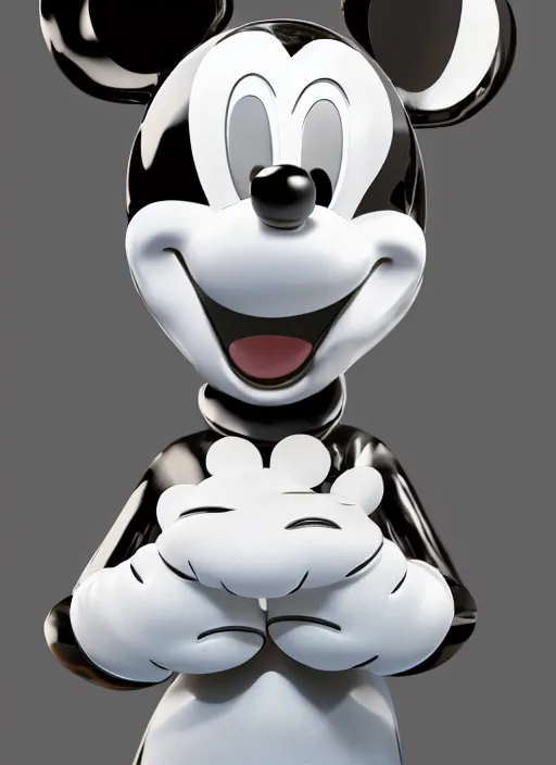 Image similar to stylized shiny latex rubber leather statue full body made of marble of disney character mickey mouse, perfect symmetrical body, perfect symmetrical face, hyper realistic, hyper detailed, by johannen voss, by michelangelo, octane render, blender, 8 k, displayed in pure white studio room