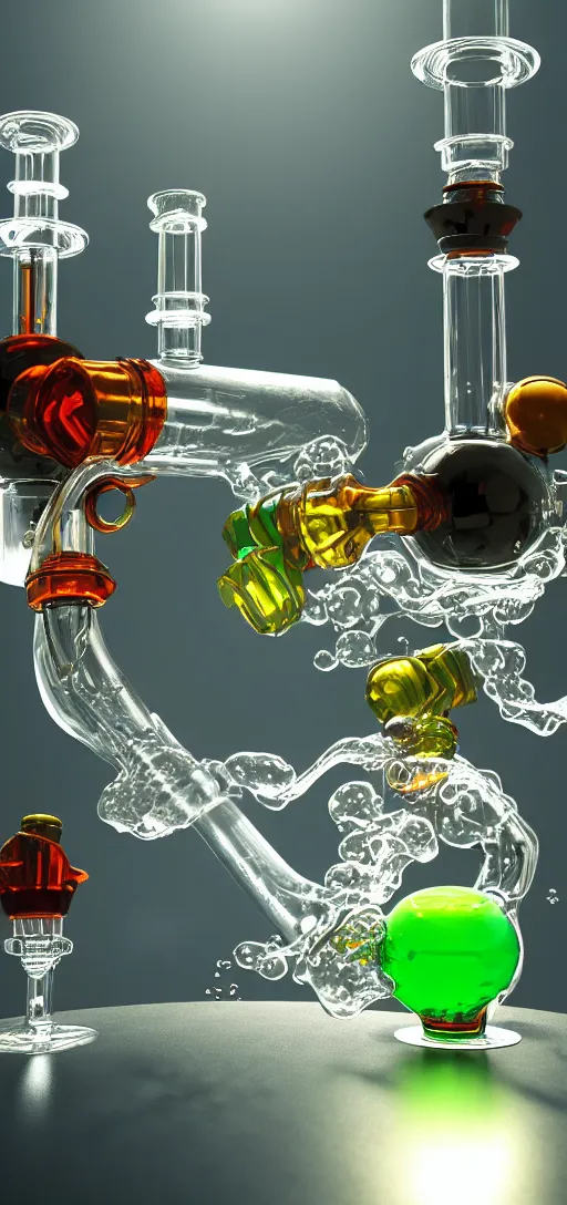 Prompt: fantasy Alchemist water pipe hookah, interconnected glass pipes, glass spheres coils and tubes filled with bubbling water, on a table, raytraced, corona render, hdri, studio lighting