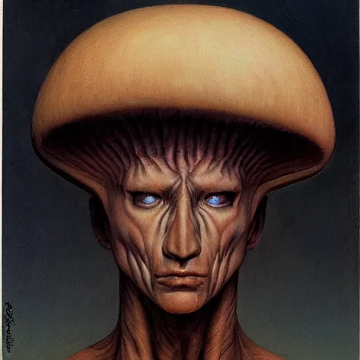 Image similar to frontal portrait of an humanoid warrior mushroom, by Gerald Brom