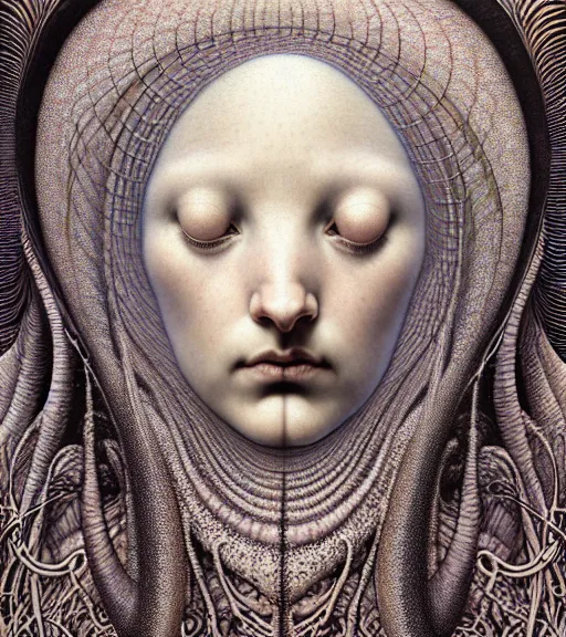 Image similar to detailed realistic beautiful clam goddess face portrait by jean delville, gustave dore, iris van herpen and marco mazzoni, art forms of nature by ernst haeckel, art nouveau, symbolist, visionary, gothic, neo - gothic, pre - raphaelite, fractal lace, intricate alien botanicals, ai biodiversity, surreality, hyperdetailed ultrasharp octane render