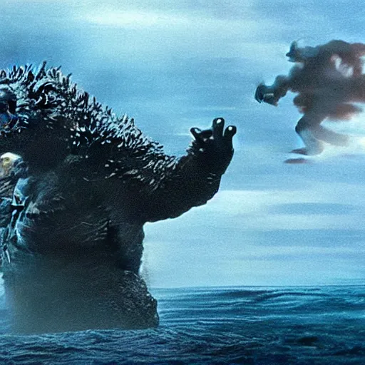 Prompt: a film still of Godzilla and King Kong fighting in the ocean, epic scene, high quality