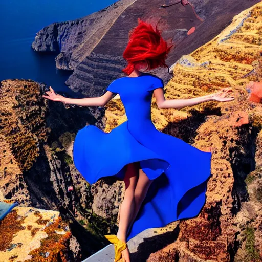 Prompt: beautiful modern dancer wearing a red, yellow, blue swirling dress, standing on a Santorini terrace looking down into the ocean, trending on artstation, cinematic, photorealistic