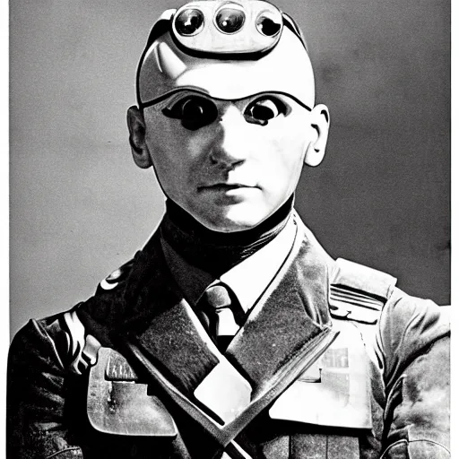Prompt: professional portrait photograph of nazi cyborg. ad showing antagonist for the film'the prophets of greater israel'