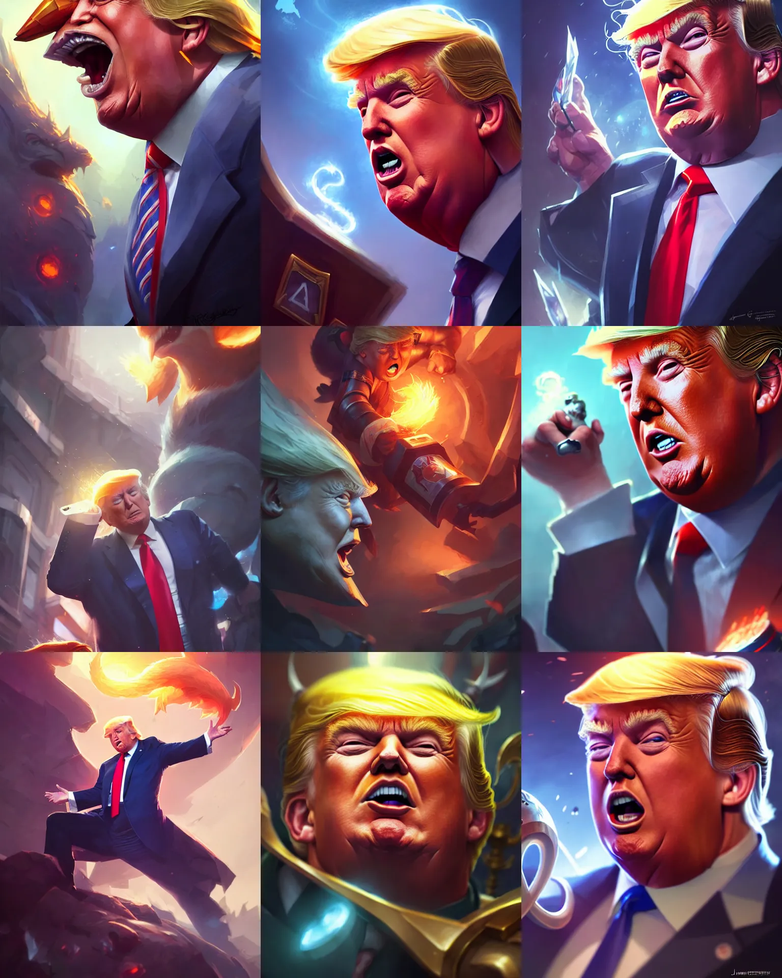 Prompt: donald trump as a league of legends champion, medium shot close up, details, sharp focus, illustration, by jordan grimmer and greg rutkowski, trending artstation, digital art