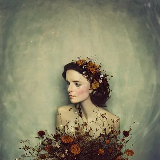 Prompt: fine art photo of catherine diana ; princess of wales, she has a crown of dried flowers, by oleg oprisco