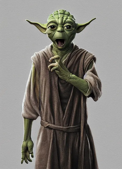 Prompt: full length photo of Yoda in a tanktop in the style of stefan kostic, full slim body, screaming. not realistic, sharp focus, 8k high definition, insanely detailed, intricate, elegant, art by stanley lau and artgerm