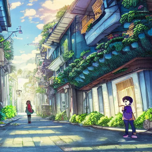 Image similar to Girl getting lost in the city of Armenia Quindio, Artwork by Studio Ghibli, official media, concept art, 8k, pixiv, high definition, wallpaper, hd, digital artwork